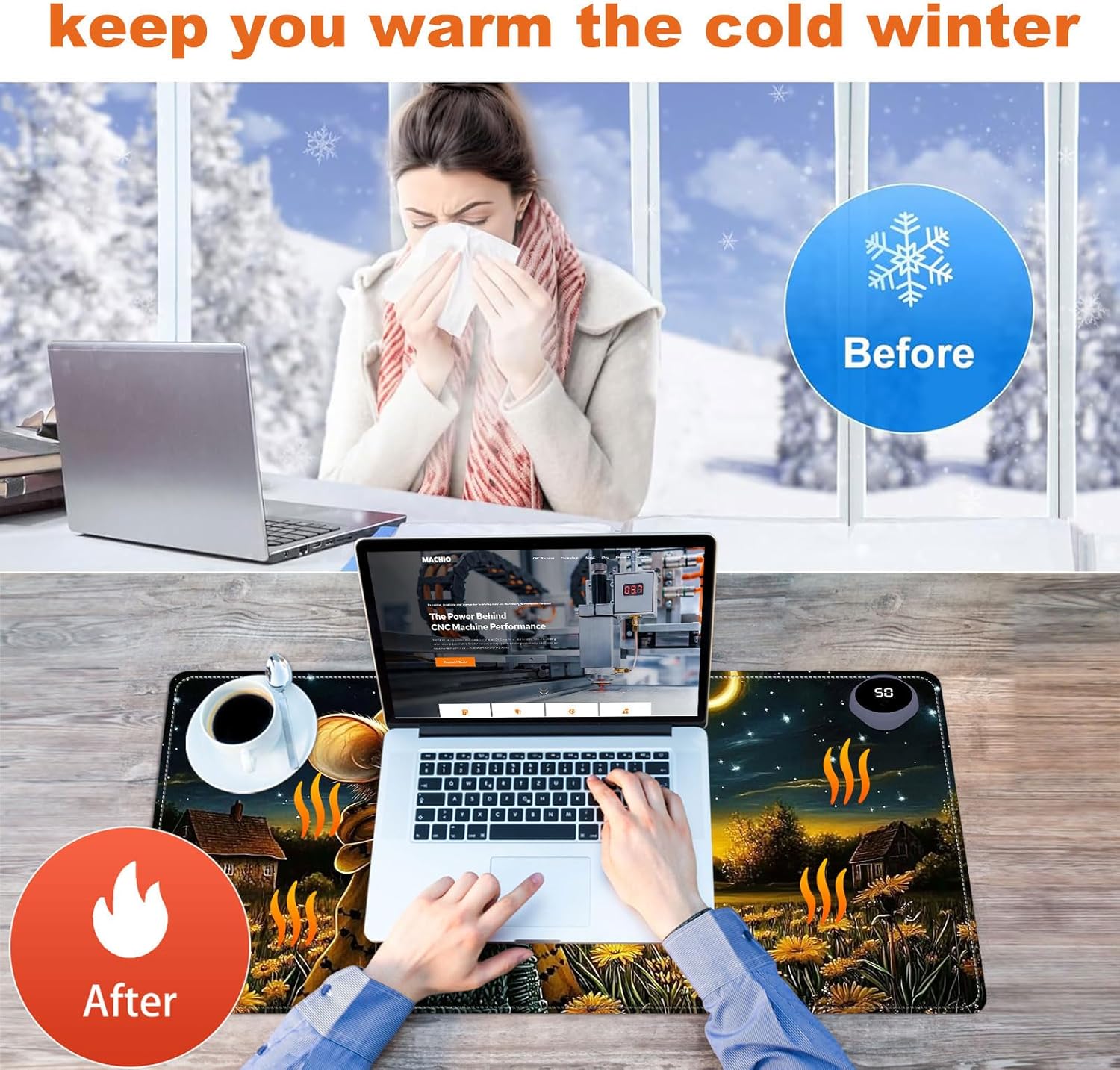 Heated Mouse Pad for Desk 31.5" x 13" – PU Leather Warm Desk Pad with 3 Heat Levels (104°F/113°F/122°F), Plug-in Electric Heating Mat with Auto Shut-Off, Waterproof & Rollable, Mouse with Dandelion