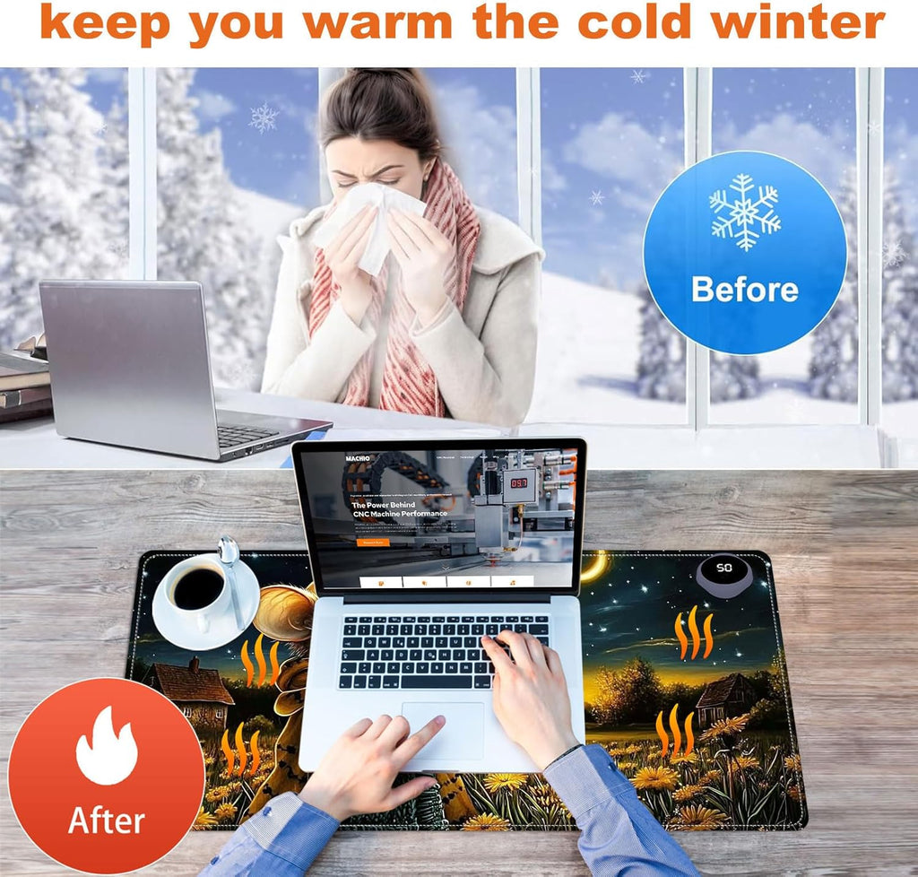 Small Heated Desk Pad 23.6" x 14.2" – Compact Electric Mouse Pad with 3 Heating Levels, Auto Shut-Off, Waterproof PU Surface, Plug-in Warmer for Office or Home Use, Mouse with Dandelion