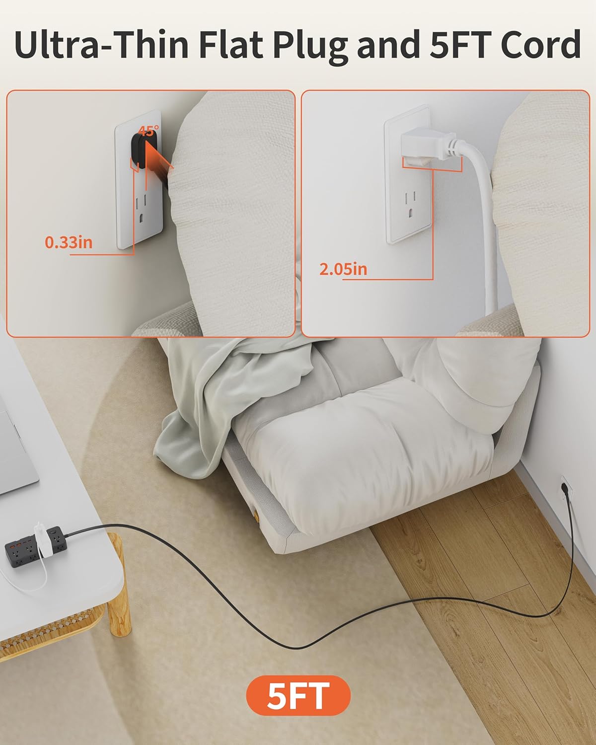 Power Strips with Surge Protection, 5FT Extension Cord with Multiple Outlets-8 AC Outlets 4 USB Ports (2 USB C), Flag Plug, 1700 Joule Surge Protector for Home Office, Black
