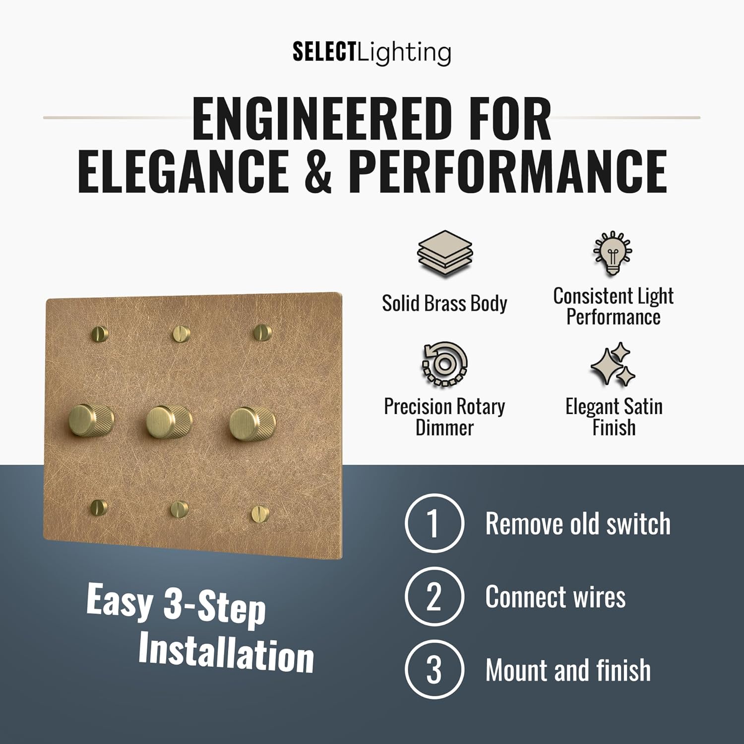 SELECT Vintage Brass Dimmer Light Switch, 1 Way Rotary Dimmer, 3 Gang TRIAC/Leading Edge Dimmable LED Light Switch, 15A 120V AC with Brass Knob, Faceplate & Dimming Module, UL Listed