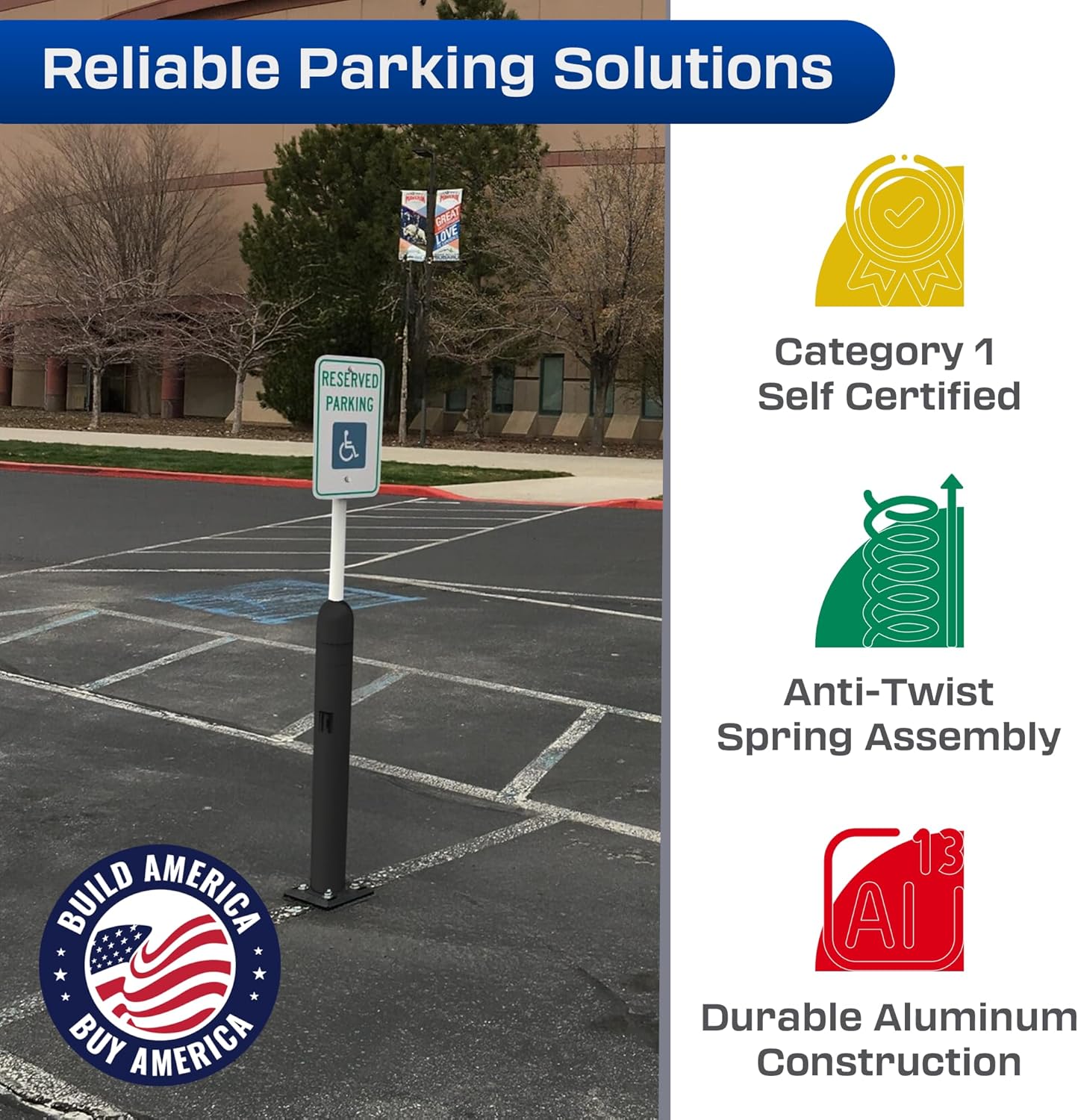 Impact Recovery - Sta-Rite Flexible Sign Post - Sign Holder for Handicap Parking Signs - Made in the USA - 78” with Black Bollard