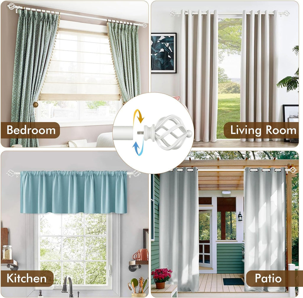 KAMANINA White Curtain Rods for Windows 48 to 84 Inch, Adjustable Single Curtain Rod 32 to 86 Inch(2.6-7.1ft), 3/4 Inch Splicing Drapery Rods with Twisted Cage Finial