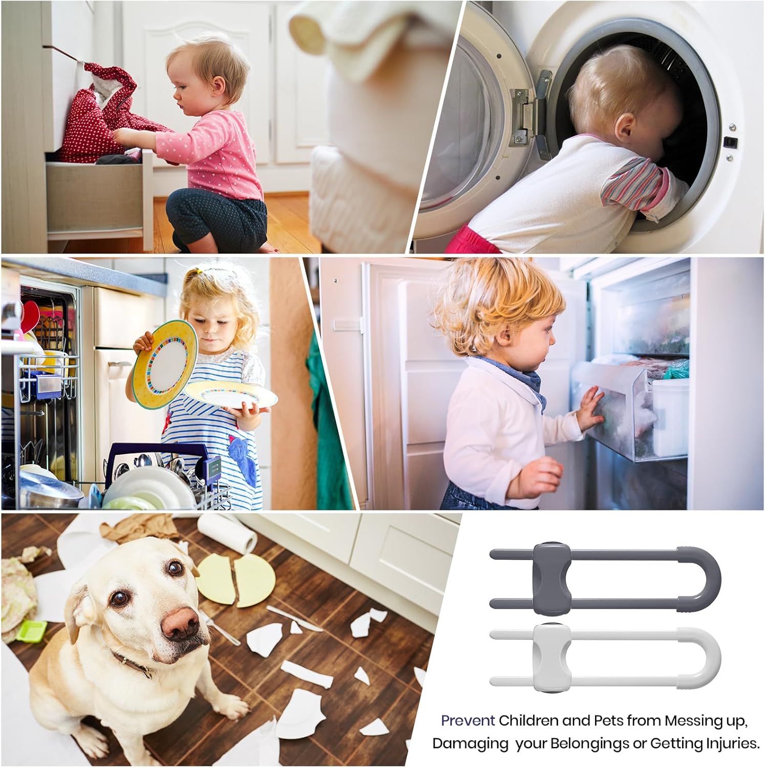 Jetec 10 Pieces Cabinet Locks for Babies, U-Shaped Proofing Drawers Safety Child Locks Adjustable, Easy to Use Childproof Latch for Knob Handle on Kitchen Door Storage Cupboard Closet (Gray, White)