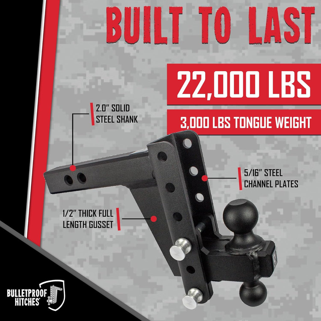 BulletProof Hitches - 2.0" Adjustable Heavy Duty Trailer Hitch (22,000 lb. Rating) - 8" Drop/Rise Trailer Hitch with 2" & 2-5/16" Dual Ball - Powder Coat, Solid Steel, Corrosion-Resistant