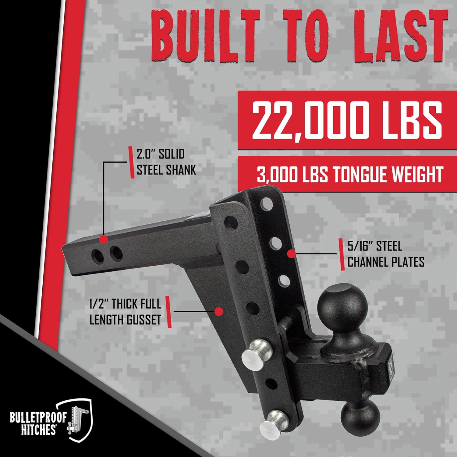 BulletProof Hitches - 2.0" Adjustable Heavy Duty Trailer Hitch (22,000 lb. Rating) - 8" Drop/Rise Trailer Hitch with 2" & 2-5/16" Dual Ball - Powder Coat, Solid Steel, Corrosion-Resistant