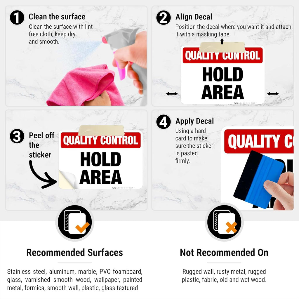 Quality Control Hold Area Sign, 10x7 Inches, 4 Mil Vinyl Decal Stickers Weather Resistant, Made in USA