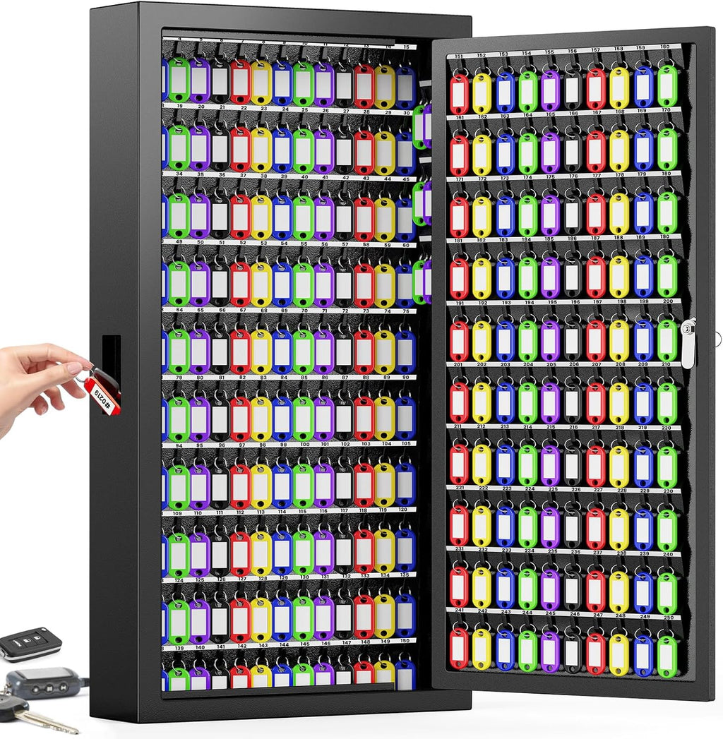 250 Keys Key Lock Box Wall Mount with Additional 24 Side Hooks and Key Tags, Anti-Theft Key Box Key Cabinet with Side Drop Slot, Key Organizer Key Safe for Home Office Garage Rental Business