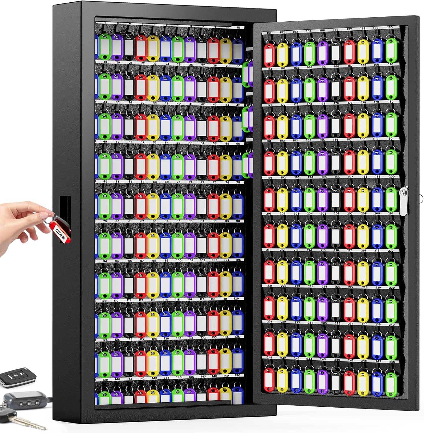 250 Keys Key Lock Box Wall Mount with Additional 24 Side Hooks and Key Tags, Anti-Theft Key Box Key Cabinet with Side Drop Slot, Key Organizer Key Safe for Home Office Garage Rental Business