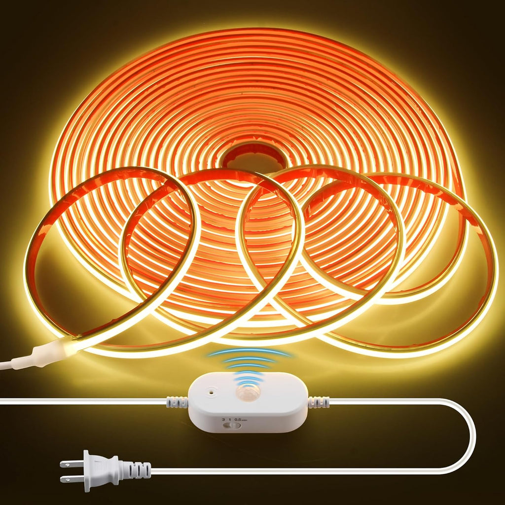 AC 110V Motion Sensor COB LED Strip Light Outdoor Waterproof 40FT/12M Plug In Warm White 3000K High Density 288LED/M Adjustable Time-Delay Flexible Motion Activated Led Light Strip for Cabinet Stairs