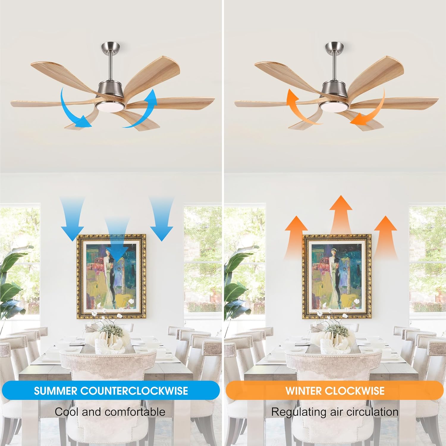 WINGBO 60" Smart Ceiling Fan with Light, Dimmable LED Light, 6-Speed Remote/APP/Voice Control, Solid Wood Blades Fan for Bedroom/Living Room/Shop Works with Alexa or Google Assistant Light Wood Color