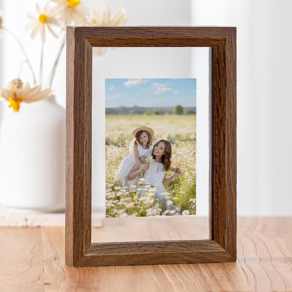 Axeman 4x6 Floating Picture Frame - Solid Oak Wood Picture Frame, Double Tempered Glass Photo Frame 2x3 3.5x5 4''x6'' Wood Frame, Wall Mount Or Tabletop Standing, Walnut