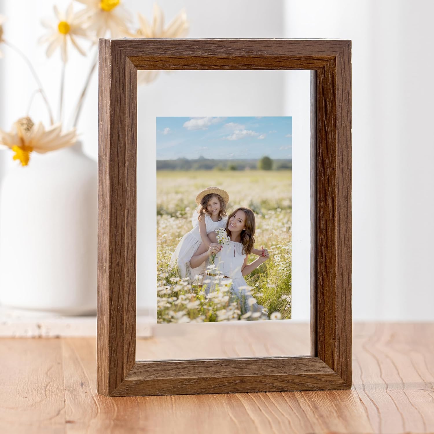 Axeman 4x6 Floating Picture Frame - Solid Oak Wood Picture Frame, Double Tempered Glass Photo Frame 2x3 3.5x5 4''x6'' Wood Frame, Wall Mount Or Tabletop Standing, Walnut