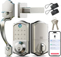 Veise VE017-H Fingerprint Smart Front Door Lock Set, App Control, Keyless Entry Deadbolt with Handle, Smart Deadbolt, Emergency Power Port, Touchscreen Keypad, Auto Lock, Easy Install, Satin Nickel