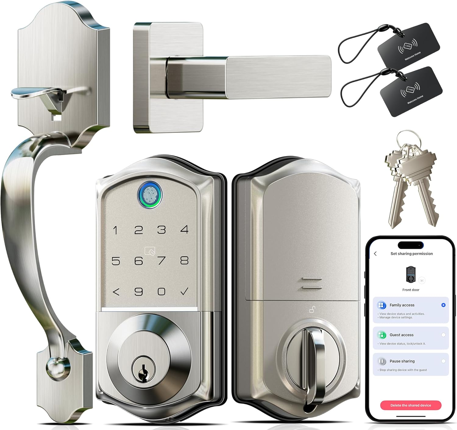 Veise VE017-H Fingerprint Smart Front Door Lock Set, App Control, Keyless Entry Deadbolt with Handle, Smart Deadbolt, Emergency Power Port, Touchscreen Keypad, Auto Lock, Easy Install, Satin Nickel