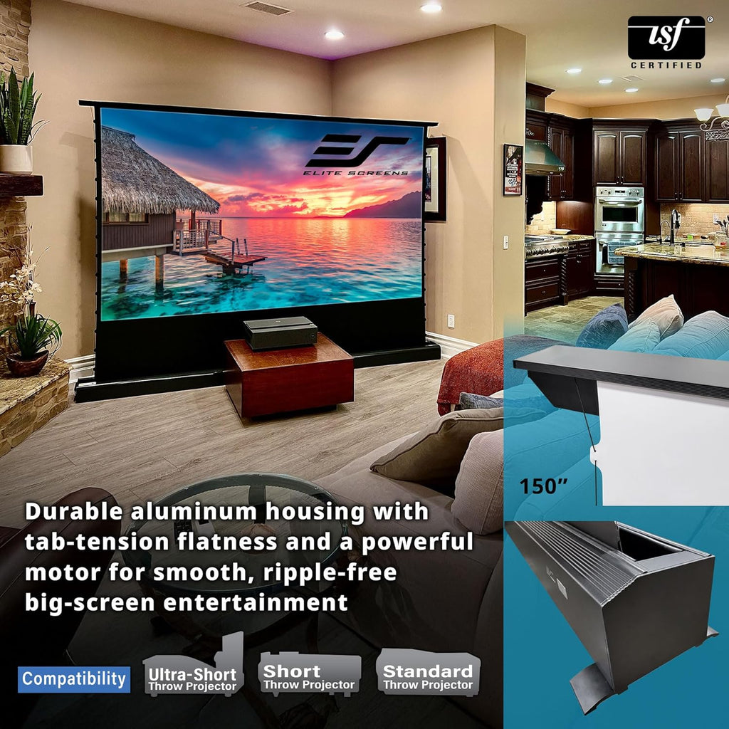 Elite Screens Kestrel Tab-Tension 3 CineWhite, 150 inch 16:9 Aspect Ratio, ISF Certified, Electric Floor-Rising Motorized Tab-Tensioned Front Projector Screen, Programmed Remote Kit, FTE150H3