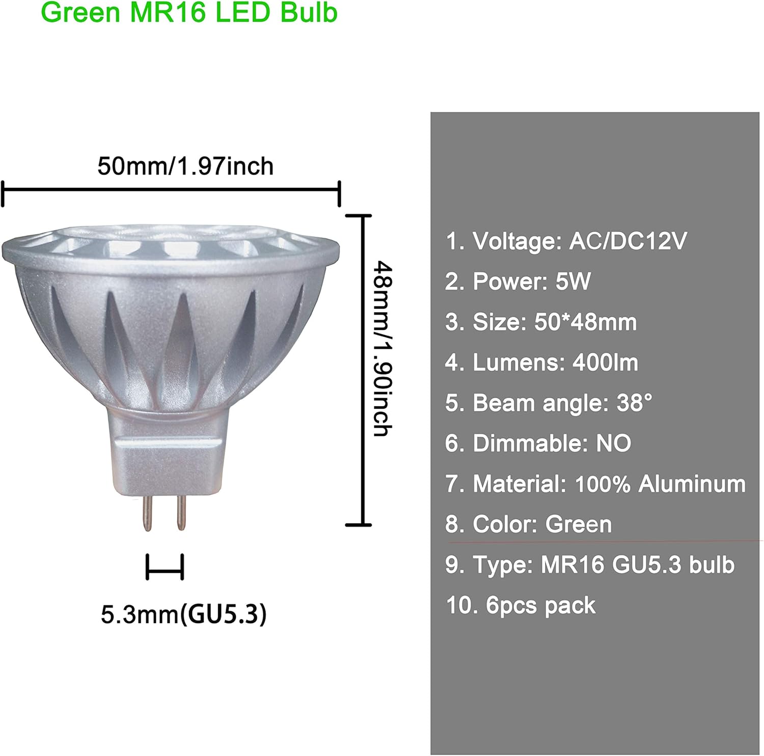 ALIDE MR16 Green Led Bulbs 5W 12V,Replace 20W 35W 50W Halogen,Low Voltage GU5.3 MR16 Led Green Bulb for Halloween Christmas Outdoor Landscape Yard Tree Lighting,Not Dimmable,38 Deg,6 Pack