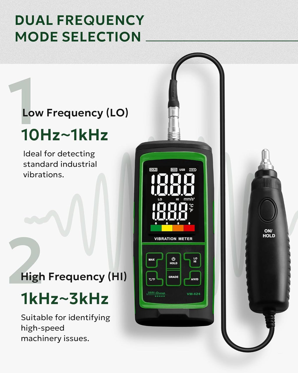 Vibration Meter VM-424 Digital Vibrometer Handheld Vibration Analysis Equipment Acceleration Velocity Displacement Measurement