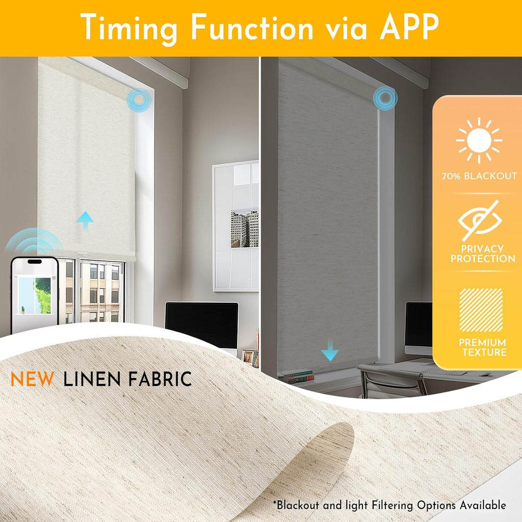Persilux Smart Motorized Blinds with Remote, No Drill Automatic Roller Shades for Indoor Windows, Light Filtering Linen Fabric, Electric Blinds for Windows, Linen Cream C156-1, Custom Size
