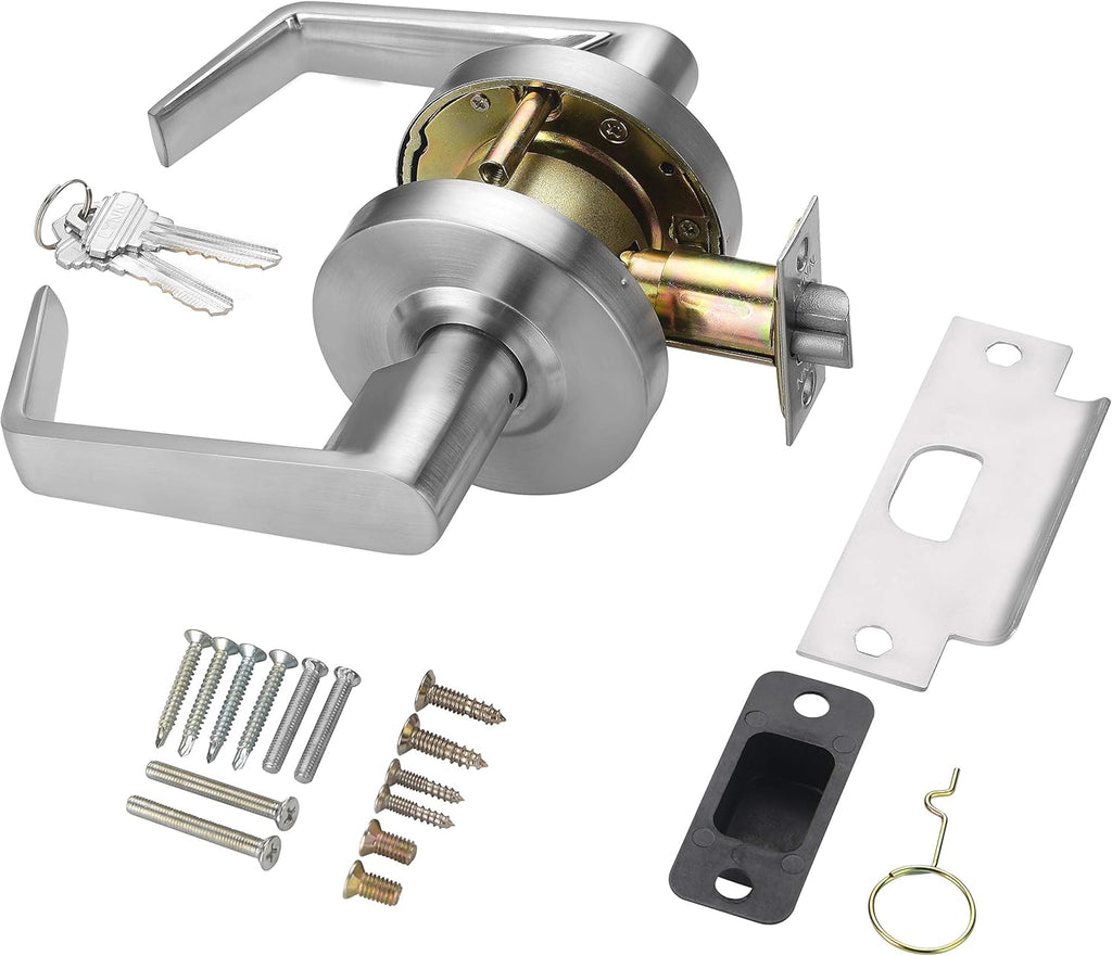 LYNN HARDWARE Commercial Door Lever Lock - Heavy-Duty Locking Door Handle, Designer Door Handles, Cylindrical Lever Lock, Non-Handed Grade 2 Door Handle, Satin Chrome, Storeroom Function