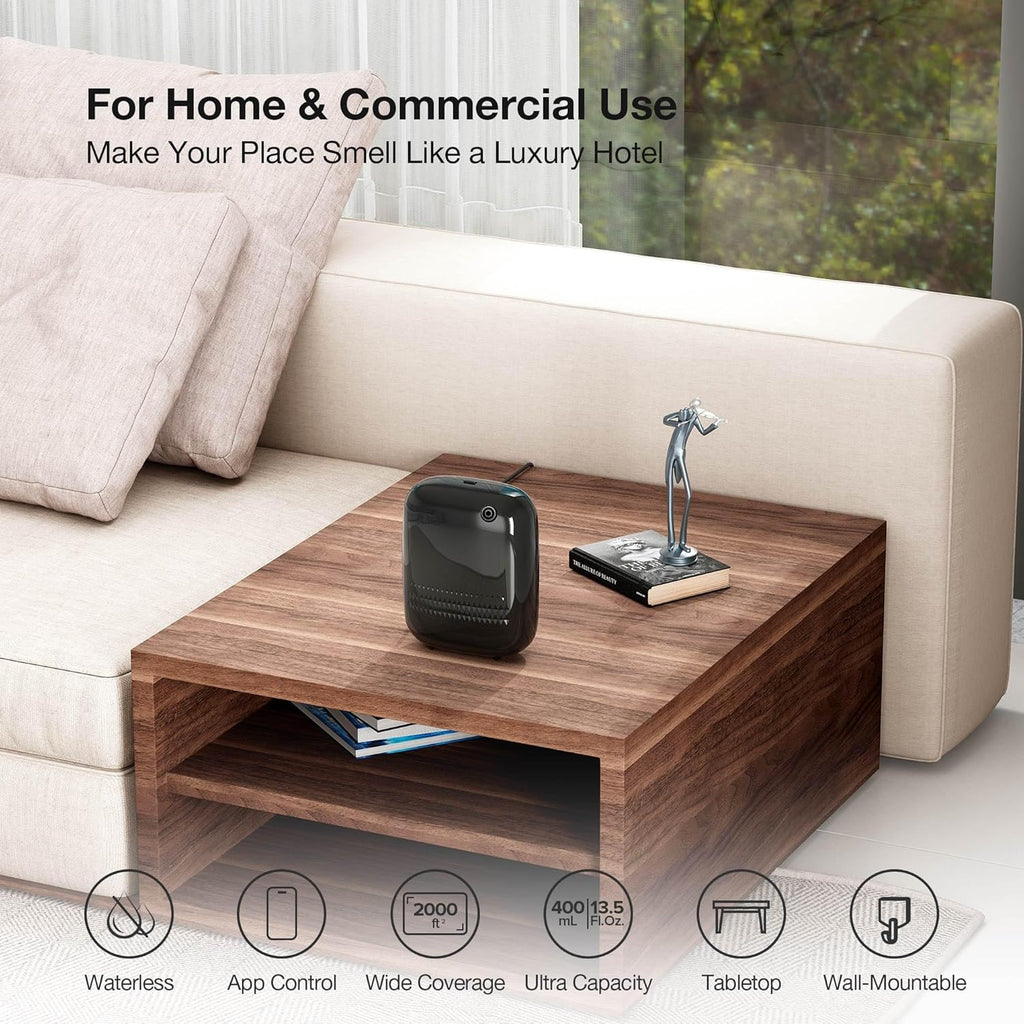 Smart Waterless Essential Oil Diffuser (400 mL Capacity) Starter Kit with 200mL Hotel Scent Fragrance Oils, Up to 2000 sq ft App Control Scent Air Machine with 12V1A Power Adapter, ANW Kit Black