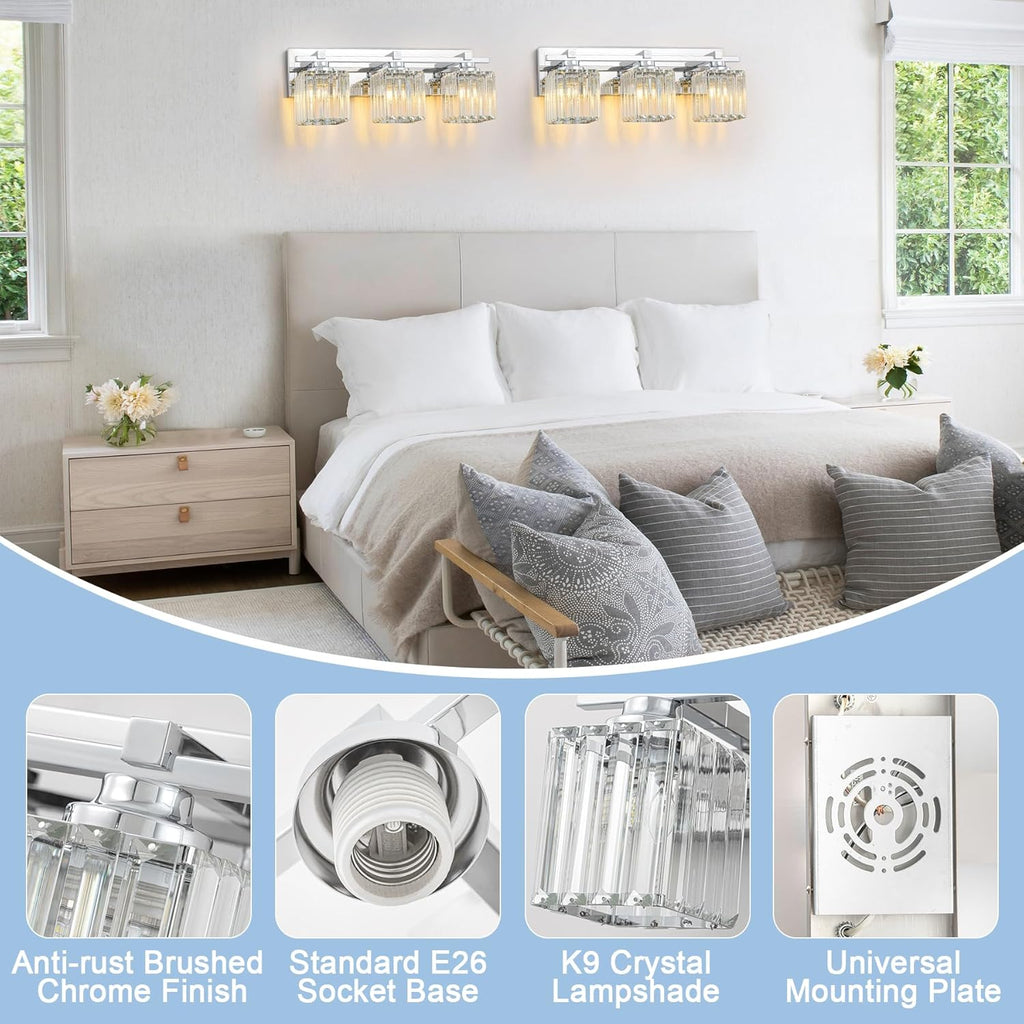 Crystal Bathroom Light Fixtures, 3 Light Chrome Vanity Lighting Over Mirror with Crystal Shades, Modern Bathroom Vanity Light for Restroom, Bath, Cabinet and Powder Room