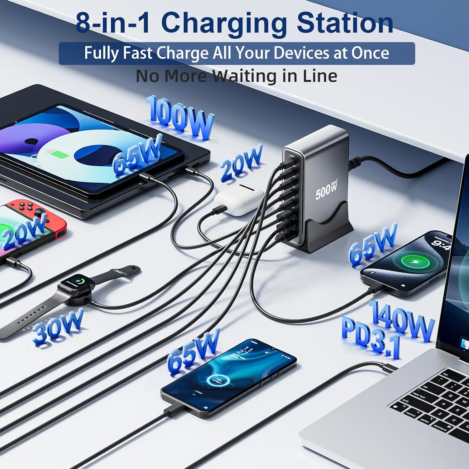 500W USB C Fast Charger Block, PD3.1 140W 8 Port USB Charging Station, GaN Ⅲ Pro PD PPS Fast Charging Station for Multiple Devices,Laptop Wall Charger Compatible with iPhone 17/iPad/MacBook etc