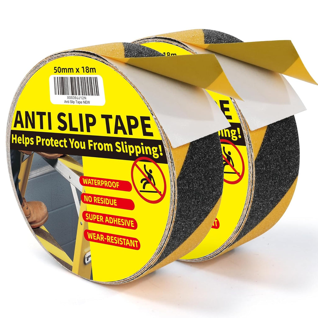 TAPEBEAR Black and Yellow Safety Tape 2inch x 60feet, Anti Slip Grip Tape Anti Skid Safety Warning Strips Traction Tape Waterproof for Indoor Outdoor Step, Stairs, Ladder, 2Rolls