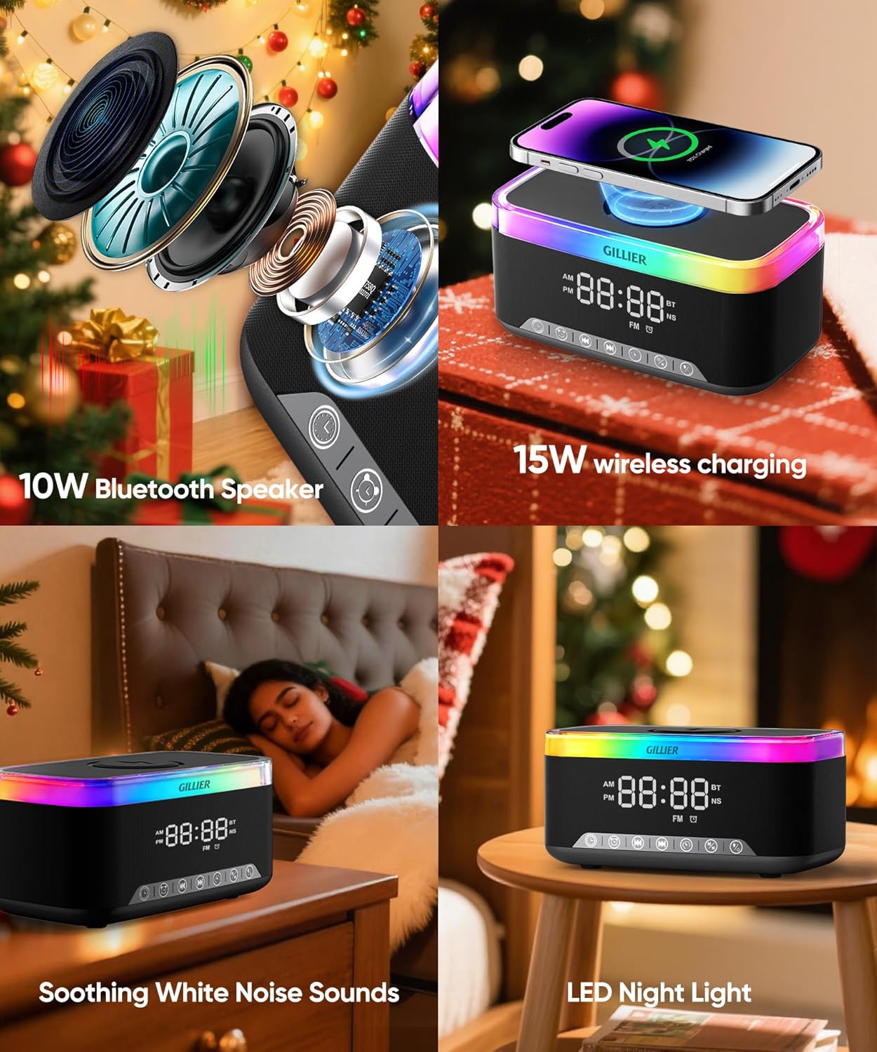 Wireless Charging Alarm Clock Radio for Bedrooms – 15W Fast Wireless Charger for iPhone/Samsung-Stereo Bluetooth Speaker with FM Radio, Dimmable Display, USB Port, Sleep Timer, Gifts for Christmas