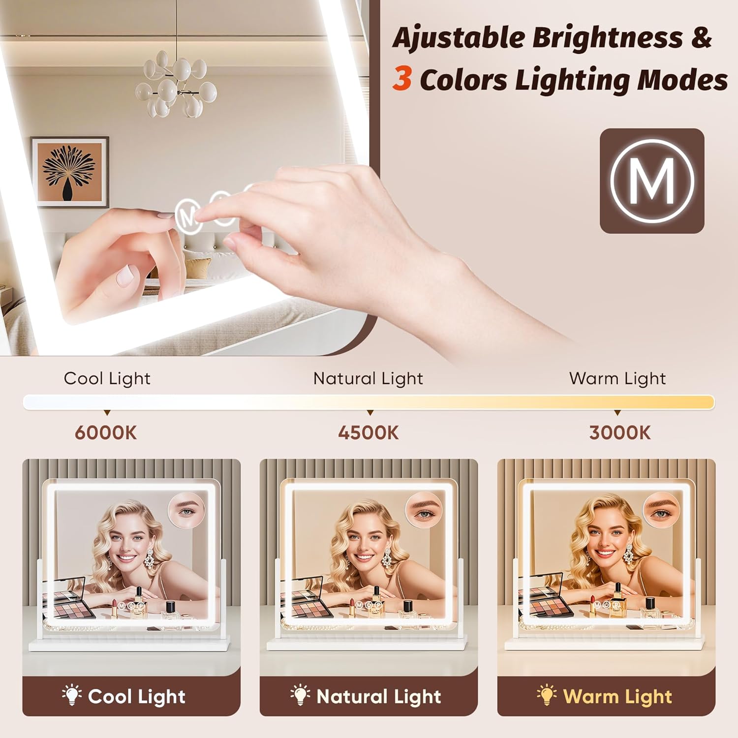 Vanity Mirror with Lights, 22"x19" Hollywood Lighted Makeup Mirror for Tabletop & Bedroom 3 Color Lighting Modes Smart Touch Control 360° Rotation Detachable