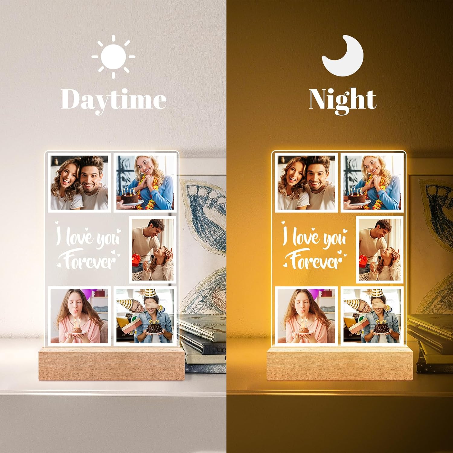 Custom Picture Frames, Customized Photo Frame with Night Light, Personalized Picture Frame, Personalized Anniversary Valentines Day Gifts for Women Men Her Him Girlfriend Boyfriend Couple Wife