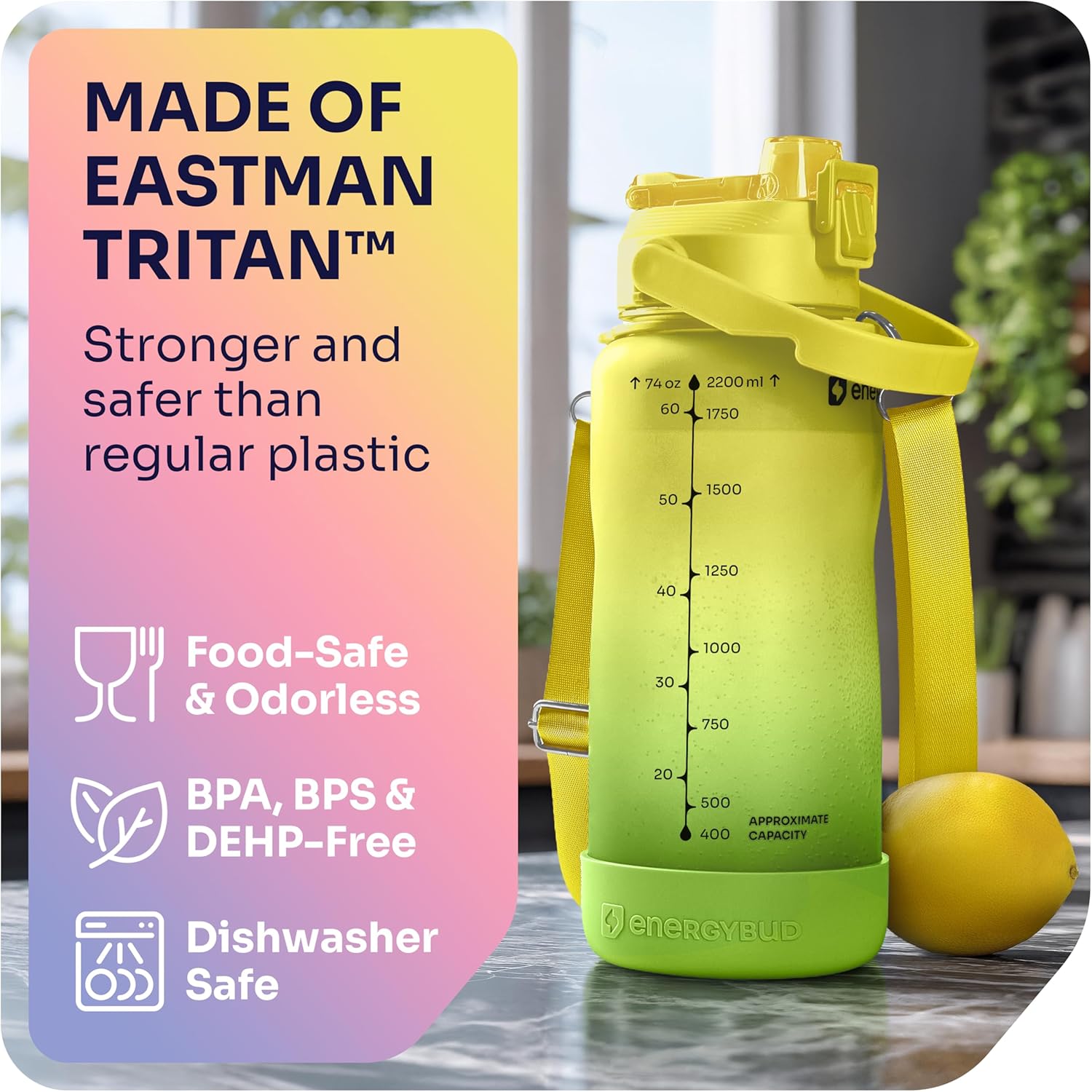 1/2 Gallon Water Bottle with 74.3 oz Capacity - Motivational Time Markers for Daily Hydration Goals - Leakproof BPA Free Tritan with Removable Straw