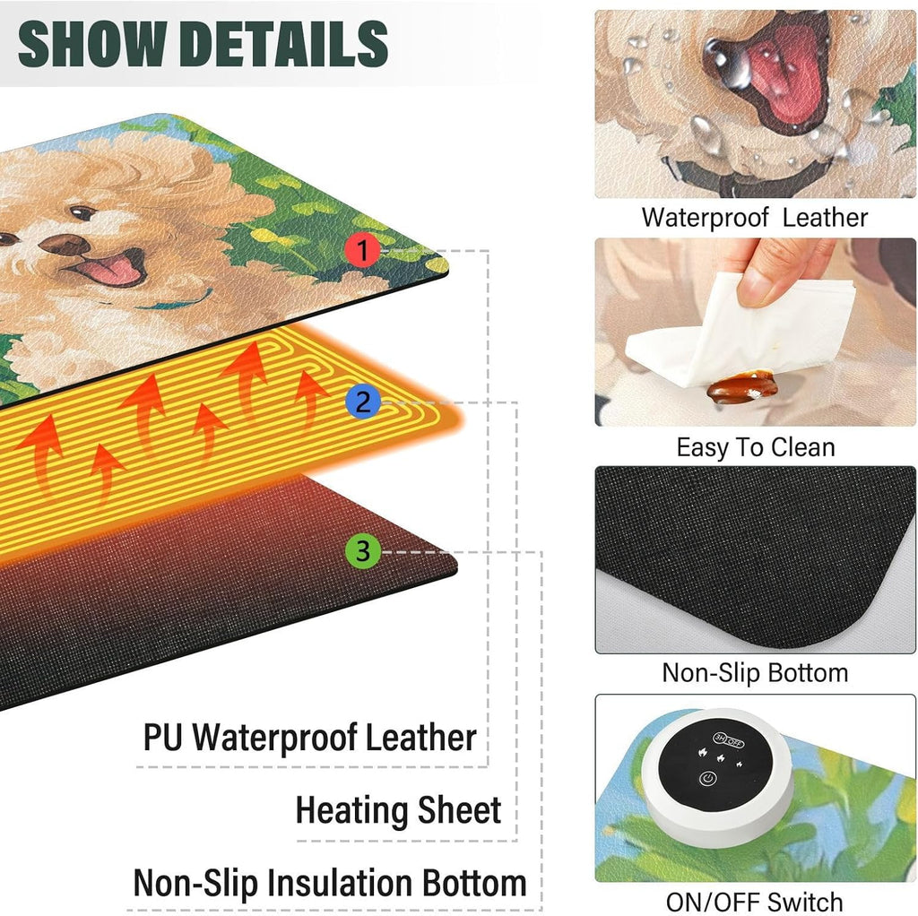 Heated Desk Pad Mouse Pad 31.5x13 Inch PU Leather Desk Mat with 3 Heat Levels Large Mouse Gaming Computer Laptop Mat Spring Running Poodle Dogs