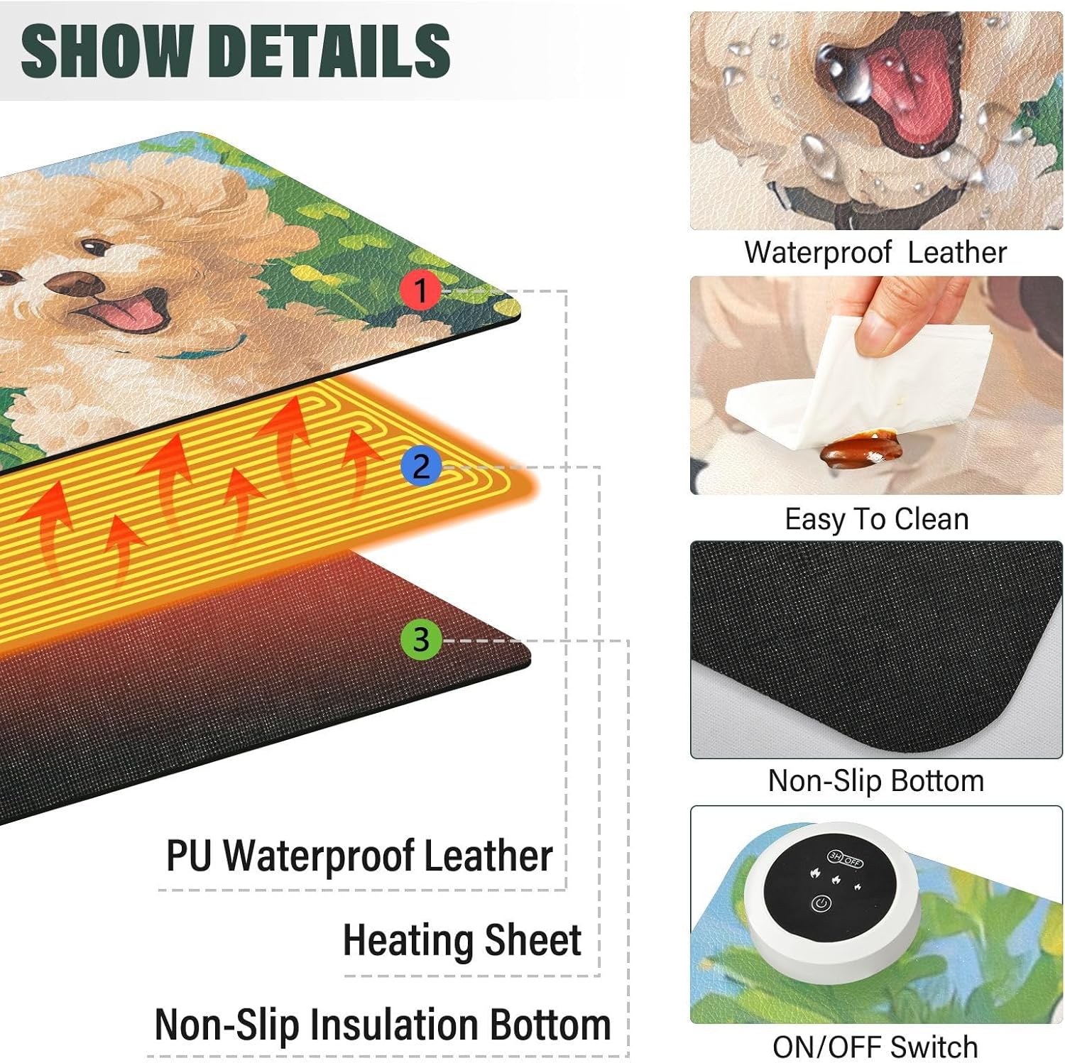 Heated Desk Pad Mouse Pad 31.5x13 Inch PU Leather Desk Mat with 3 Heat Levels Large Mouse Gaming Computer Laptop Mat Spring Running Poodle Dogs