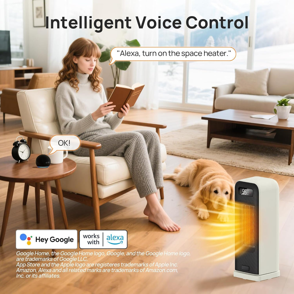 Space Heaters for Indoor Use, Smart Portable Electric Heater with Thermostat, WiFi and Voice Control, 12H Timer, 4 Modes, 36dB 1500W PTC Ceramic Safety Heat for Office Bedroom Home 1Pack Beige