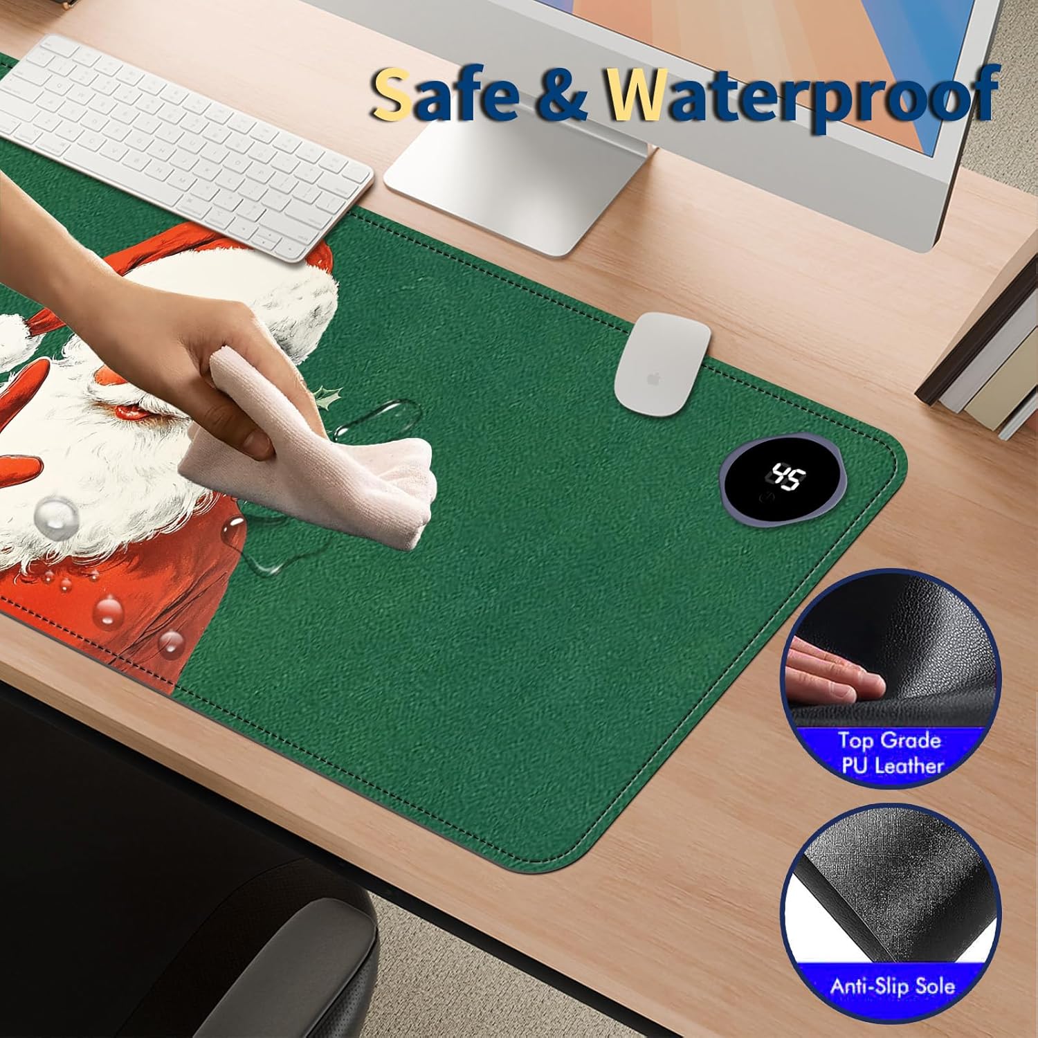 Heated Mouse Pad with 3 Temperature Settings(104°F–122°F),Large 31.5x13 Inch PU Leather Heated Desk Mat,Waterproof Warming Pad for Office,Gaming & Cold Hands Relief,Santa Christmas