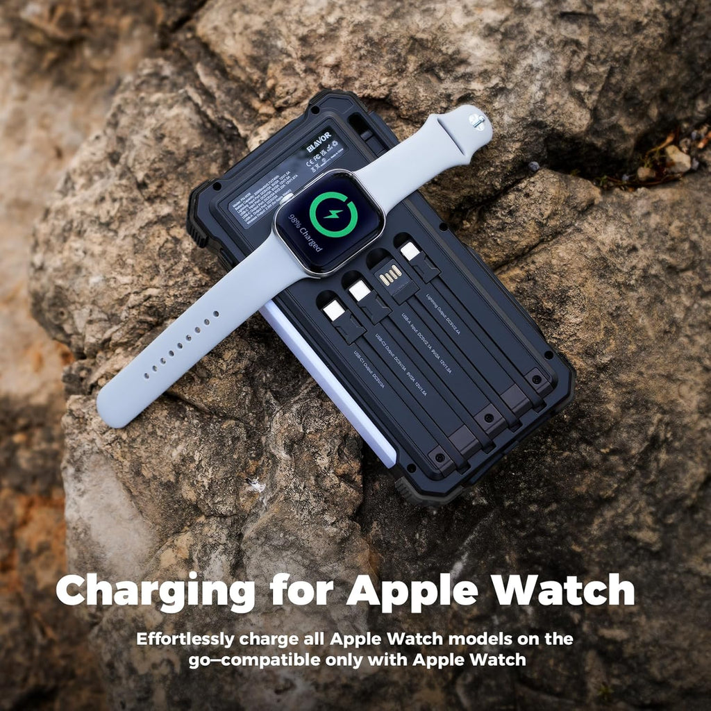 BLAVOR Solar Power Bank 20000mAh Built-in Cables, Wireless Charger for Apple Watch, 20W Fast Charging Battery Pack with USB C, Flashlight, Solar Charger for iPhone, iPad, iWatch, Samsung