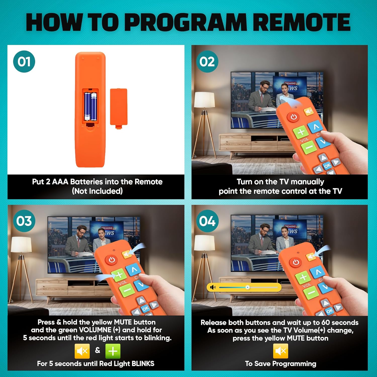 Big Button Universal TV Remote (Orange) Simple Easy to Use, Great for Seniors, Works with Major TV Brands (2xAAA Batteries Not Included)