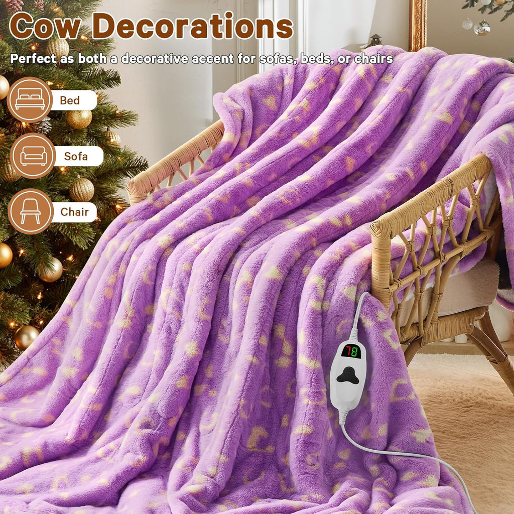 Leopard Print Heated Electric Blanket Full Size,72X84 Purple Heating Blanket with 10 Heats Levels & 8 Hours Auto Off,Cute Fleece Sherpa Blankets Warmer Gifts for Women Adults,Washable