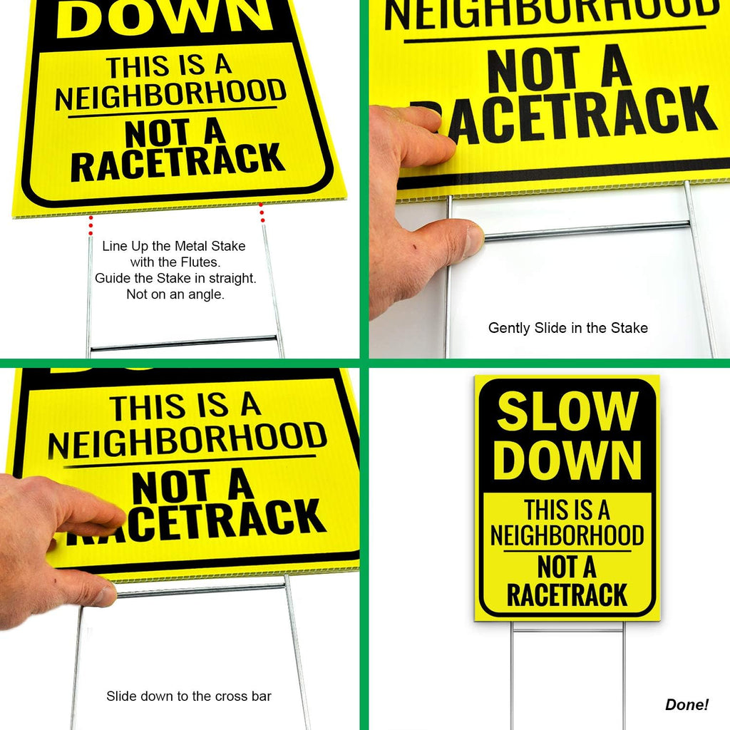 Slow Down Sign 16" x 12" - This Is a Neighborhood, Not a Racetrack - Double-Sided With H-Stake for Neighborhoods