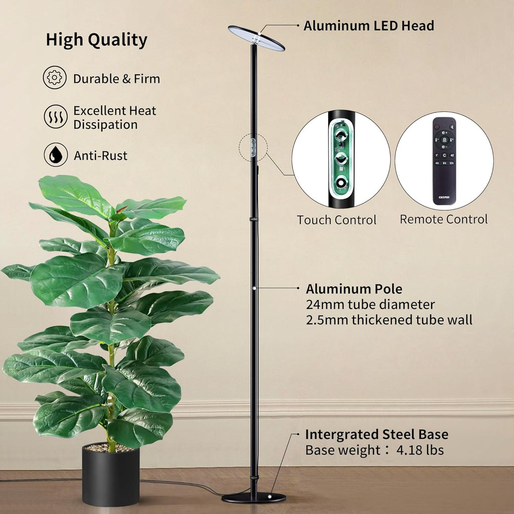 chiphy Grow Lights, Full Spectrum LED Plant Light for Indoor Plants, 4/8/12H Timer, 40W Grow Lamp, 10 Level Dimmable Brightness, 69" Heights Adjustable, Remote Control, Ideal for Large Tall Plants