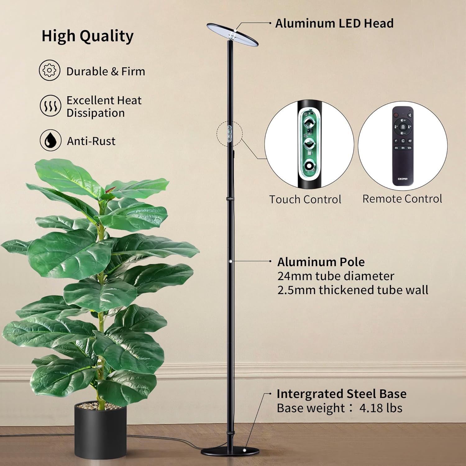 chiphy Grow Lights, Full Spectrum LED Plant Light for Indoor Plants, 4/8/12H Timer, 40W Grow Lamp, 10 Level Dimmable Brightness, 69" Heights Adjustable, Remote Control, Ideal for Large Tall Plants