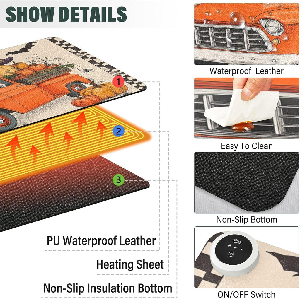 Heated Desk Pad Mouse Pad 31.5x13 Inch PU Leather Desk Mat with 3 Heat Levels Large Mouse Gaming Computer Laptop Mat Halloween Plaid Pumpkin Bat