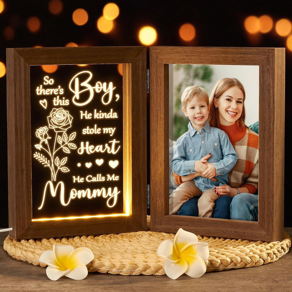 Christmas Gifts for Mom from Daughter Son Kids, Mom Gifts Engraved Night Light with 5x7 Mother Picture Frame Solid Wood, New Mama Gift Mommy Son Picture Frame Mother-in-Law Birthday Gift for Mama