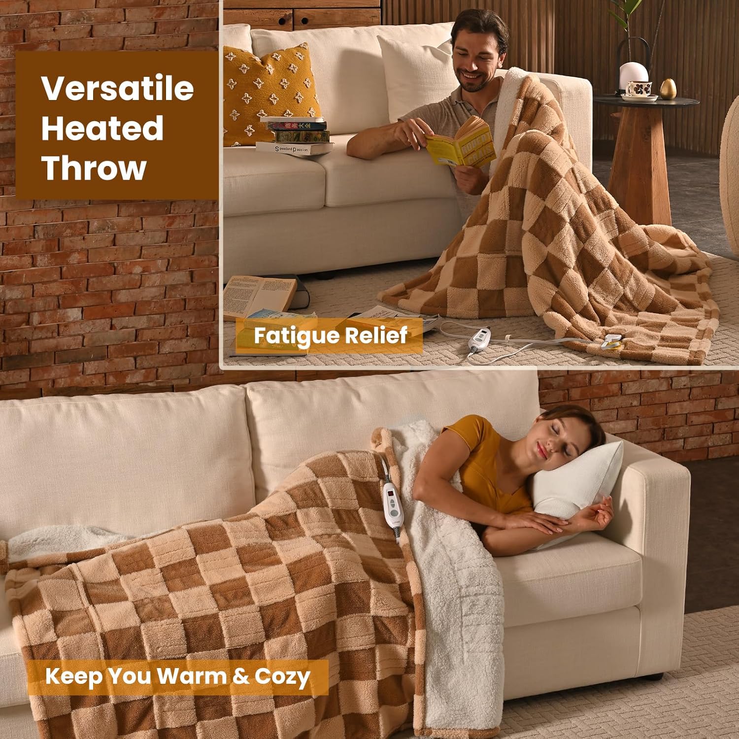 Bearhug Heated Throw Blanket 50" × 60", Electric Blanket Reversible Brown Plaid Sherpa, 4h Auto-Off Timer & 6 Heating Levels, Reversible Heated Throw, ETL Certified, Machine Washable, Gift Box