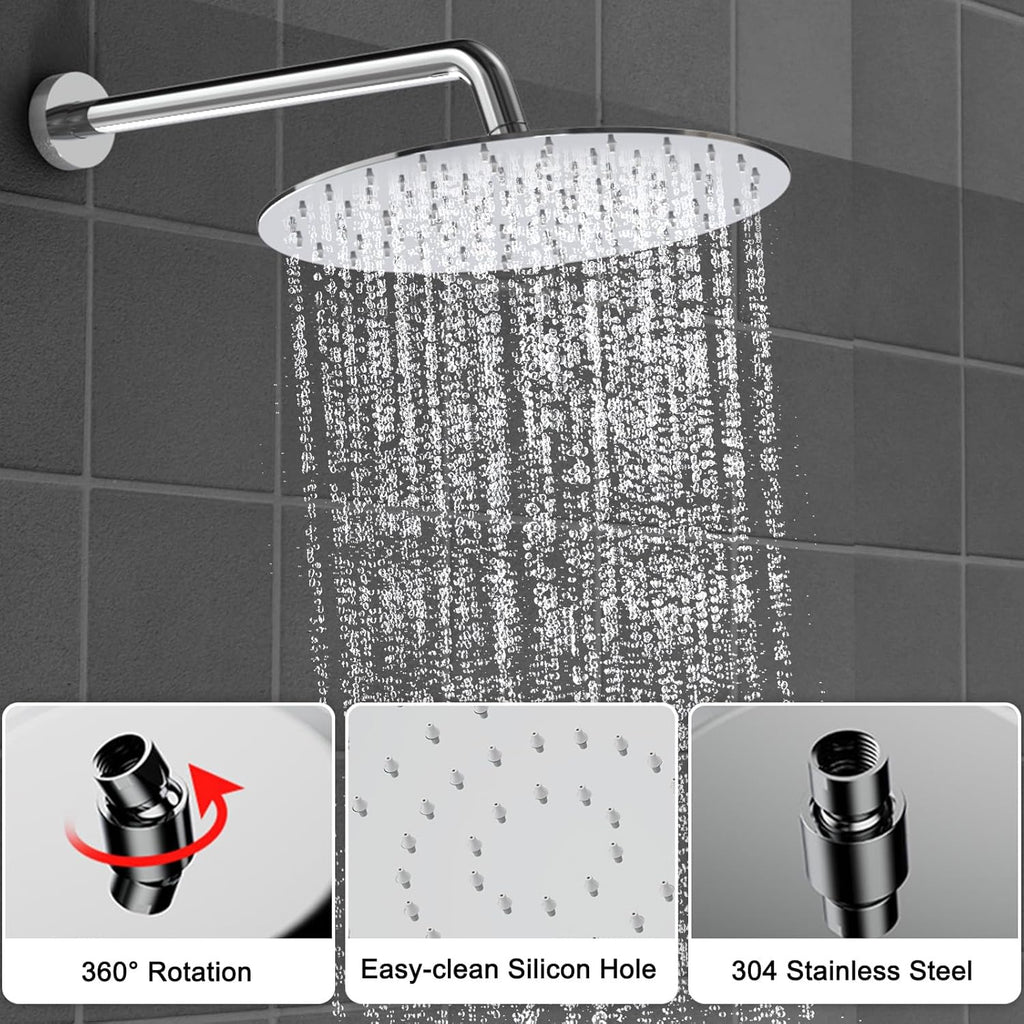 Shower Faucet Set 12IN Brass Rough-In Valve Body Trim Kit Rainfall Included Handle Accessories Complete 2 Functions with Rain Head and Handheld Bathroom Systems (12'', Chrome Polished)
