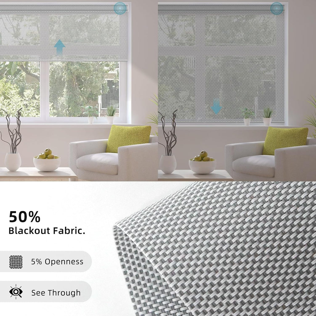 SmartWings Motorized Smart Blinds for Windows in Light Filtering, Electric Remote Roller Shades Compatible with Alexa/Google Home/Homekit, Custom Up to 110”W x 148”H, 5% Openness Aventus White Grey