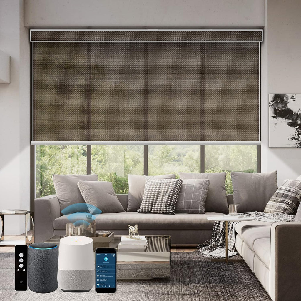 SmartWings Motorized Roller Shades 5% Openness Work with Homekit, Alexa SmartThings Google, Zigbee Motor Smart Blinds for Windows, Cordless Remote Window Shades, Rechargeable, Customized, Chocolate