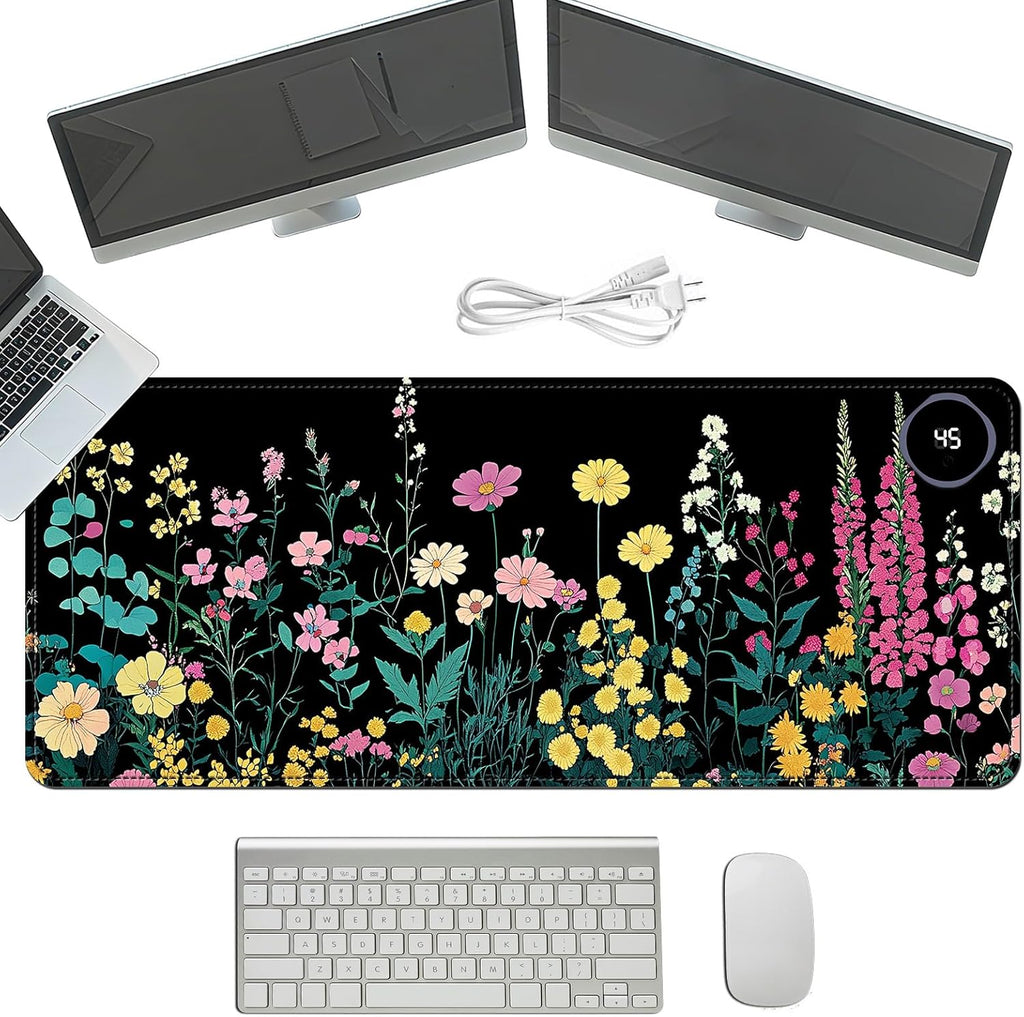 Heated Mouse Pad with 3 Temperature Settings(104°F–122°F),Large 31.5x13 Inch PU Leather Heated Desk Mat,Waterproof Warming Pad for Office,Gaming & Cold Hands Relief,Garden Flowers