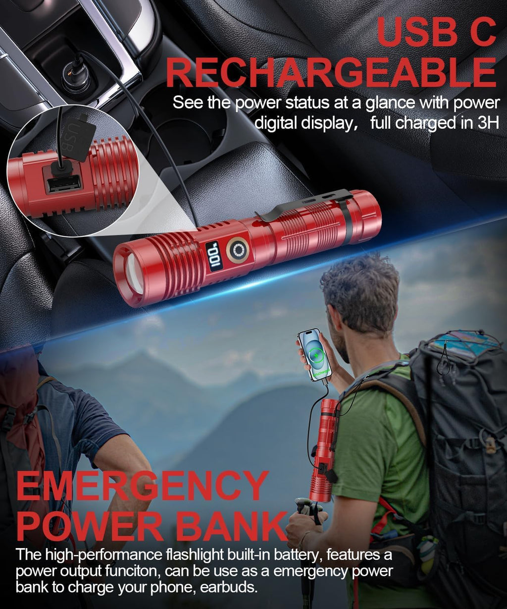 Rechargeable Flashlight High Lumens- Super Bright Magnetic Flash Light with Power Digital Display,Long Range,Dimmable,Waterproof,Pocket LED Flashlights for Emergency Camping 2PC Red