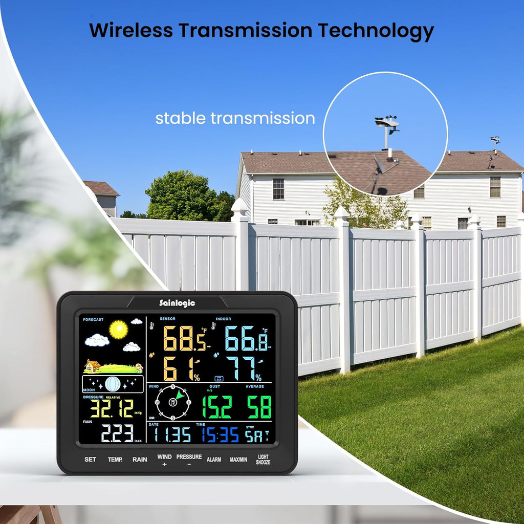 Sainlogic SA68 Home Weather Station with Weather Stations Wireless Indoor Outdoor and Rain Gauge Outdoor for Temperture,Humidity,Forecast,Pressure,Moon Phase,Alarm Clock for Bedroom,Black(No WiFi)